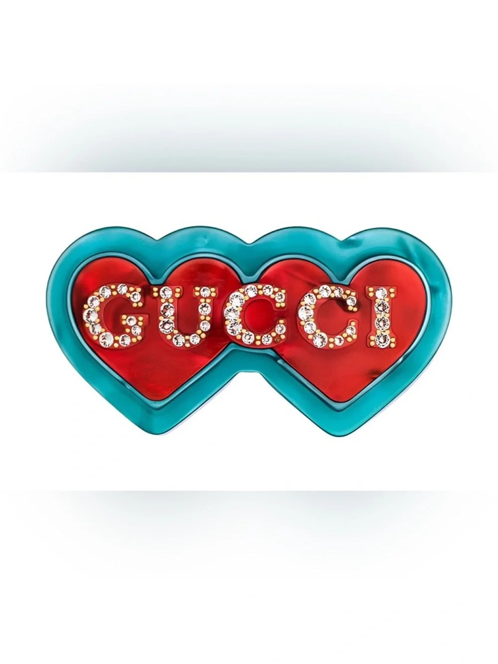 Gucci Red and Teal Double Heart Crystal Logo Hair Clip